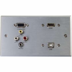 RapidRun® Double Gang Integrated VGA (HD15) + 3.5mm + Composite Video + Stereo Audio + HDMI + USB Wall Plate - Brushed Aluminium - TechExpress